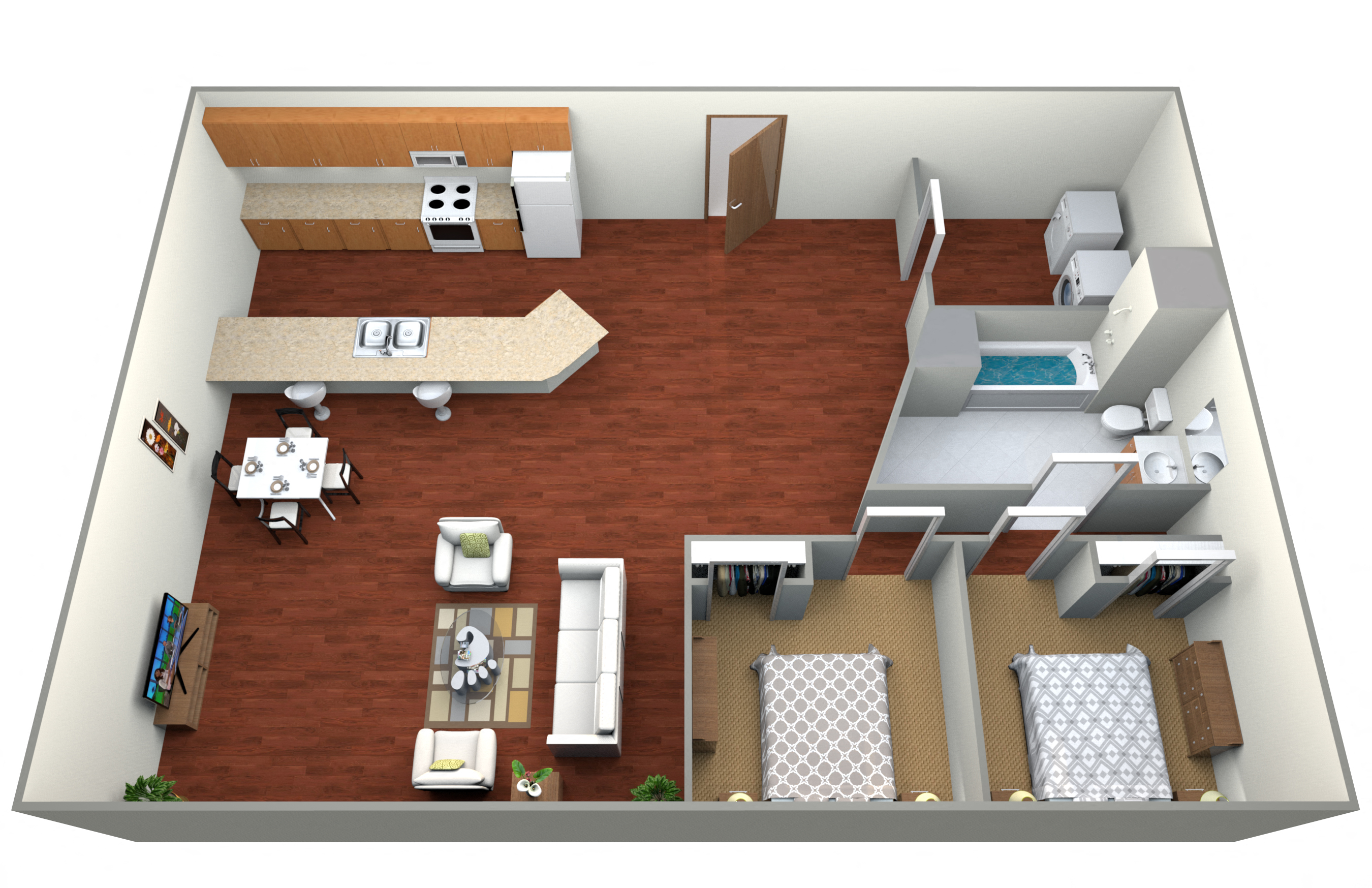 Floor plan for 2 beds, 1 bath, 900 sqft